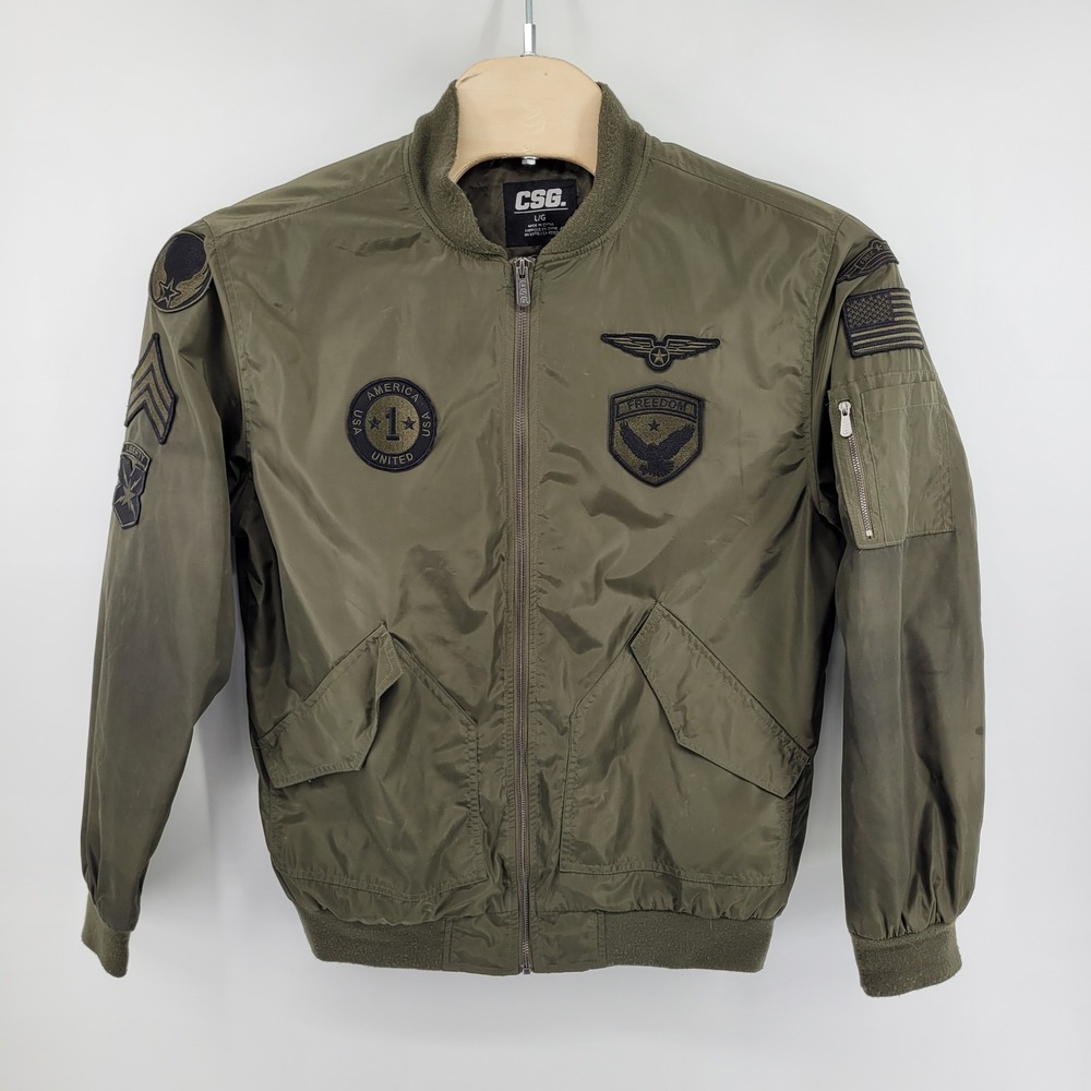 CSG Bomber Jacket Mens Large Olive Green Military Patches Full Zip Flight Coat‎